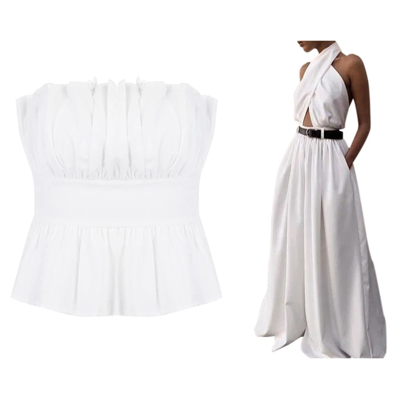 

One-Line Neck Folds Sexy Backless Slim Bottoming Tube Top Vest White M & Women's Jumpsuit Sexy Sleeveless L Without Belt