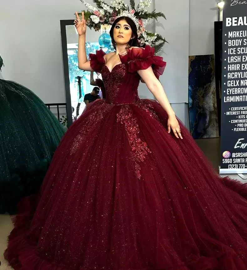 ANGELSBRIDEP винно-красные платья Quinceanera с кристаллами из бисера и рюшами на дне платье
