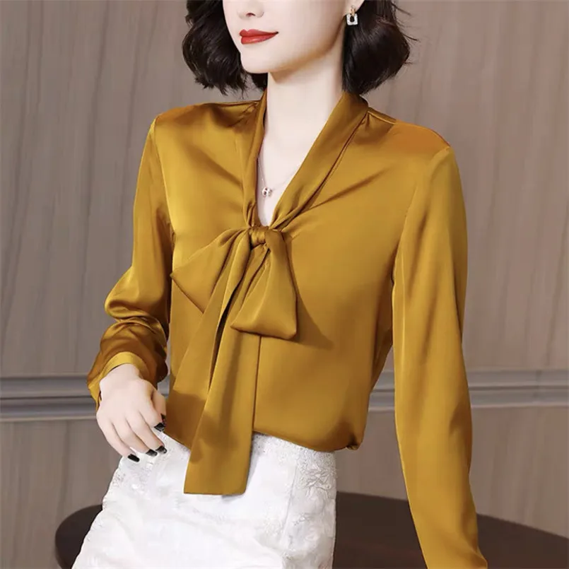 

Осенняя модная шифоновая рубашка 2022, пикантные топы из искусственного шелка на шнуровке с длинным рукавом-фонариком, женская элегантная ац...