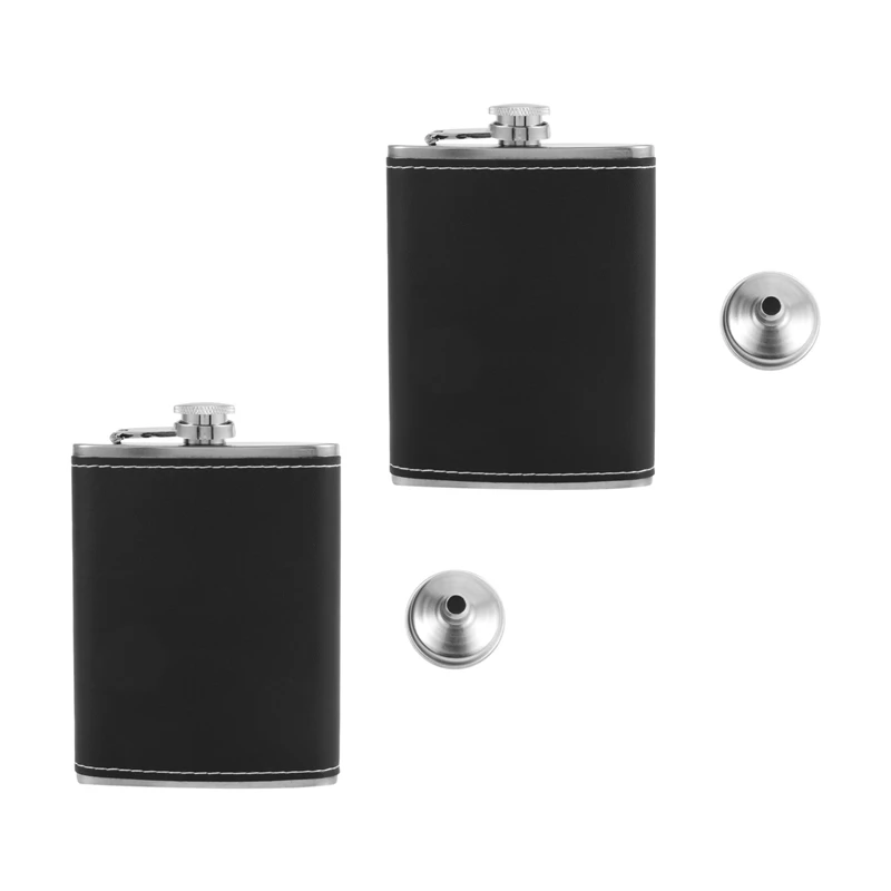 

2X Pocket Hip Flask 8 Oz With Funnel Stainless Steel With Black Leather Wrapped Cover And Leak Proof