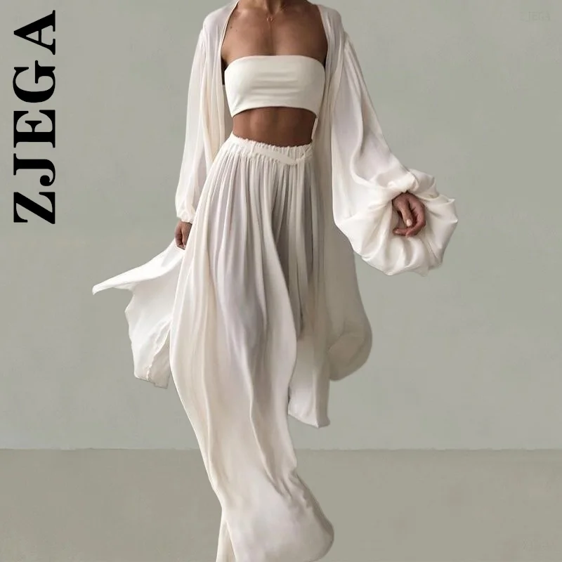 

Zjega Fashion Pajamas Women Lovely Loungewear For Women Lantern Sleeve Cardigan 3 Piece Sets Home Suit Female Clothes