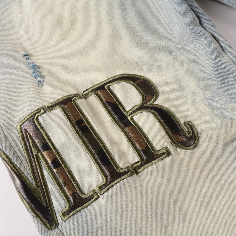 Streetwear Fashion Men Jeans Retro Light Blue Stretch Slim Fit Hole Ripped Jeans Men Brand Patch Designer Hip Hop Pants Hombre