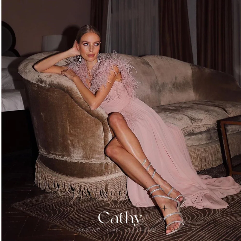 

Женское платье для выпускного Cathy, сексуальное темно-розовое шифоновое вечернее платье с V-образным вырезом, открытыми плечами и высоким разрезом сбоку