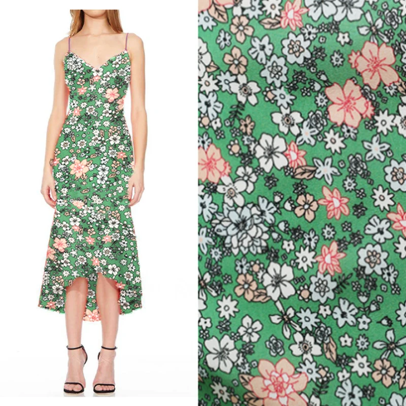 

Mulberry Silk Crepe De Chine Fabric Fashion Green Background White Pink Flower Digital Printing Women's Clothing Cloth by Meter