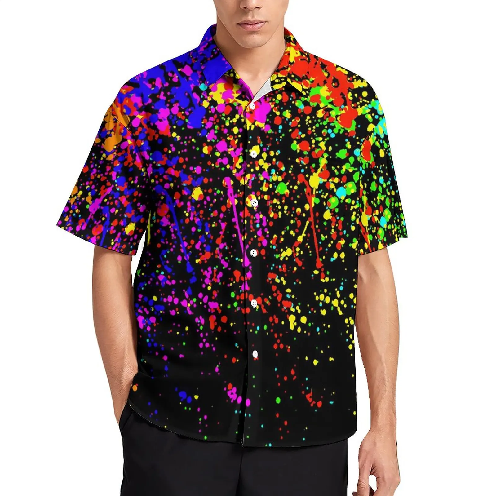 

Clorful Splatter Loose Shirt Men Beach Abstract Print Casual Shirts Hawaiian Design Short Sleeve Retro Oversize Blouses