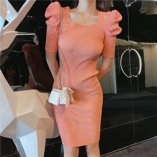 

Orange Fungus Neck Tight Fitting Long Sleeve Knitting Knit Camisole Woman Dresses Fall Dress Girl Women Lady Cloth Falda Vestido