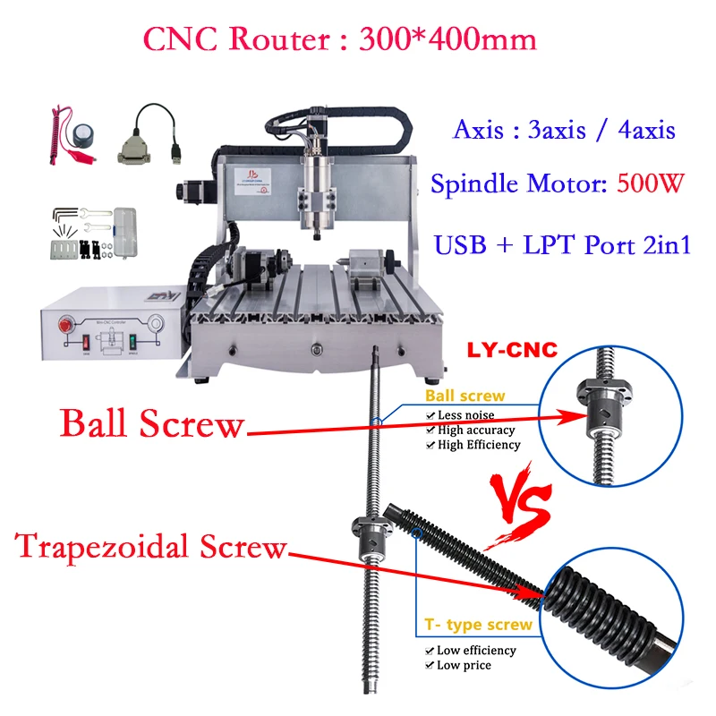 

Economical Practical LY CNC Router 500W 3040 Mach3 LPTand USB 2in1 Engraving Machine 3Axis/4 Axis PCB Milling Cutter Z/T Screw