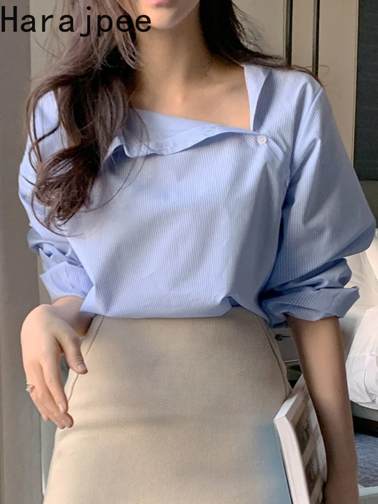 

Harajpee Simple Shirt Lapel Slanted Button Design Loose Lantern Sleeve Spring New Contrast Color Striped Blouse Korean Tops