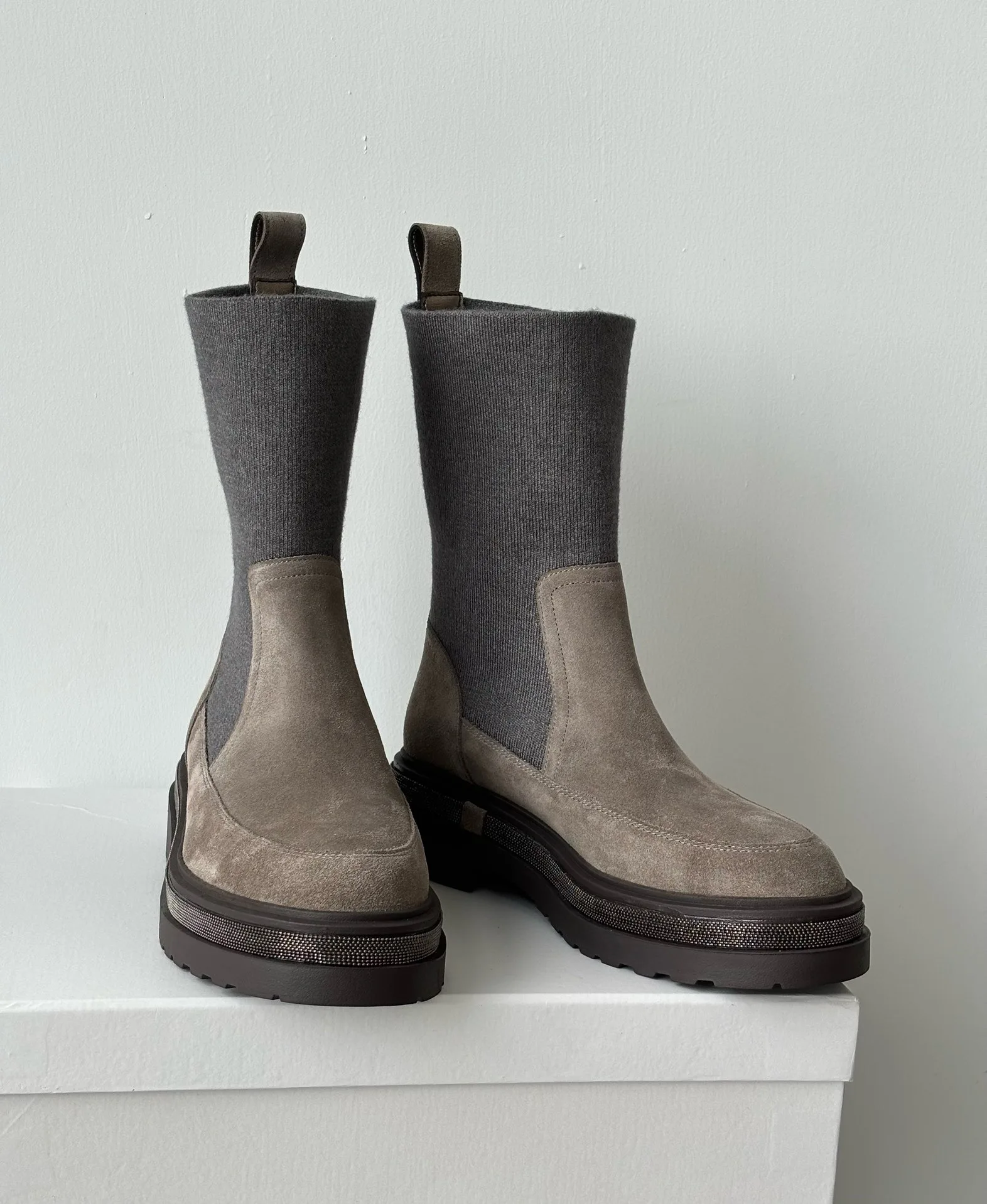 Maxdutti/осенне-зимние винтажные замшевые сапоги челси из шерсти с толстой подошвой 5