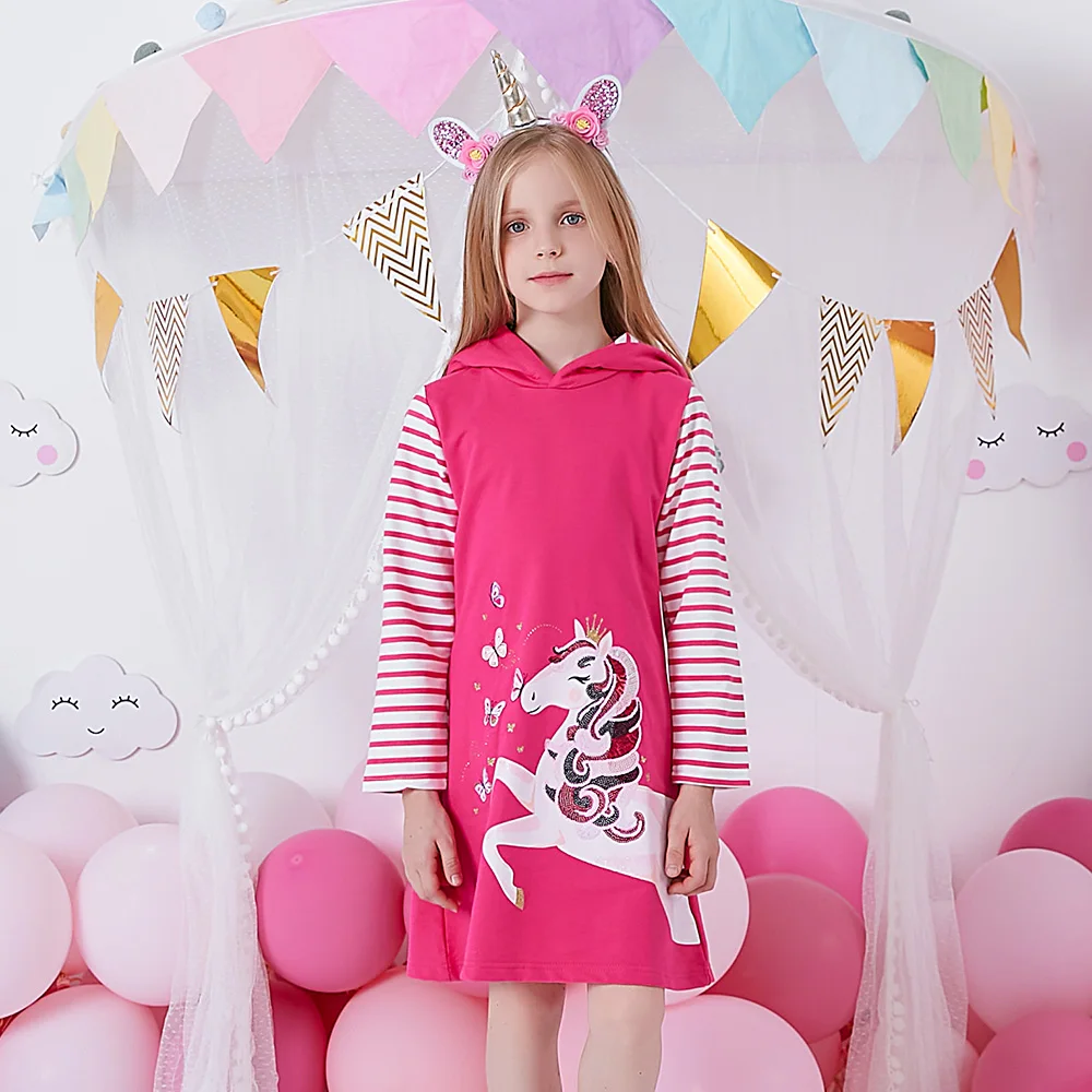 DXTON Long Sleeve Cotton Dress for Girls Unicorn Cartoon Frocks Children's Clothes Autumn Winter Kids Hoodies Casual Vestidos