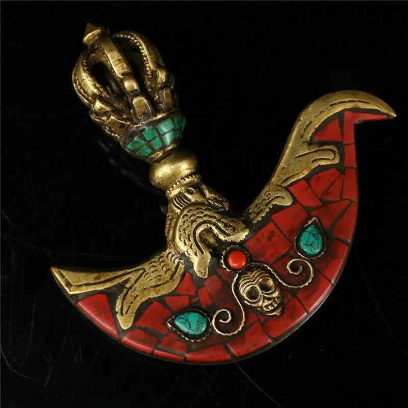 

4.72"; Tibetan Buddhism Copper Turquoise Inlay Gem Vajra Axe Magic Weapon page