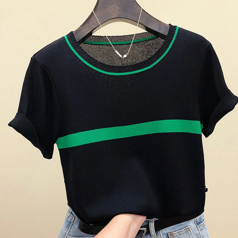 

New Knitted T Shirt Women Summer O-Neck Short Sleeve T-shirt Female Striped Casual Tops Tee Shirt Women's Clothing 2021