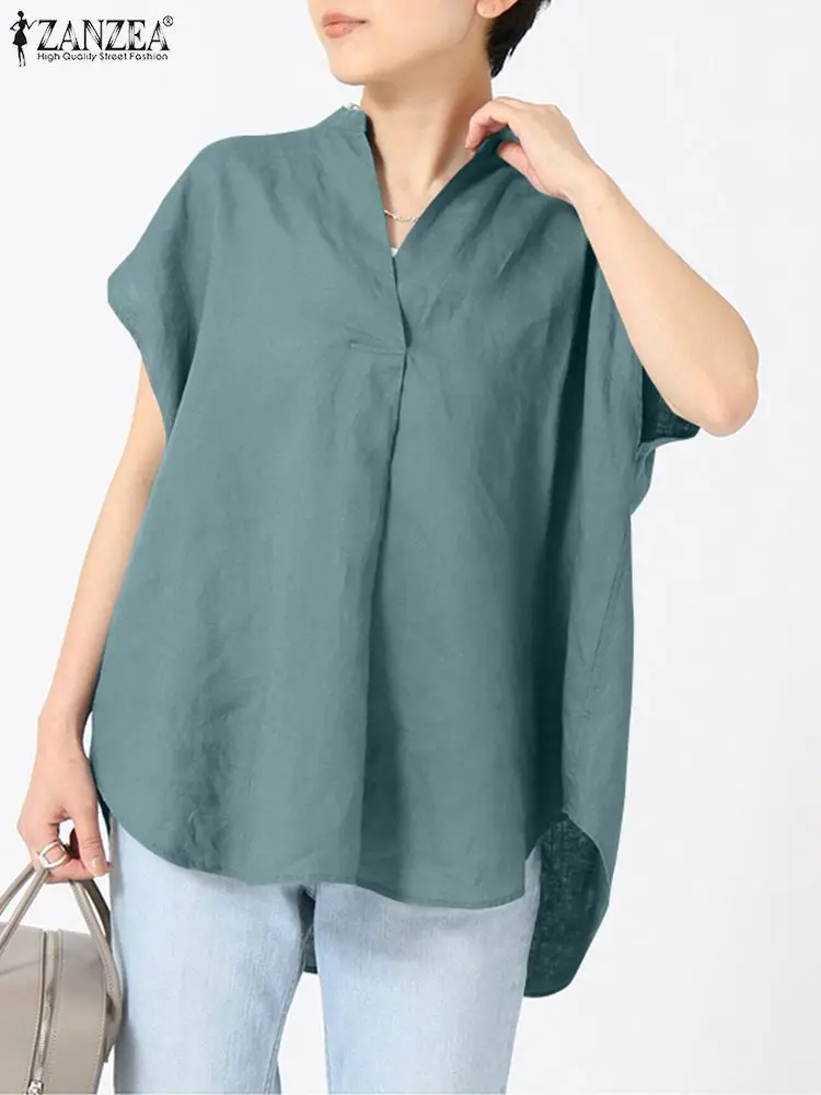 ZANZEA Summer V Neck Short Sleeve Shirt Fashion Women Office Work Blouse Female Tunic Tops Loose Casual Blusas Chemise Oversize