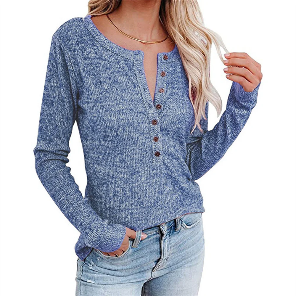 

Women's Solid Color Knitted T-Shirt Long Sleeve Sexy Round Neck Buttoned Top Autumn Ladies Casual Straight Wide Base Daily Shirt