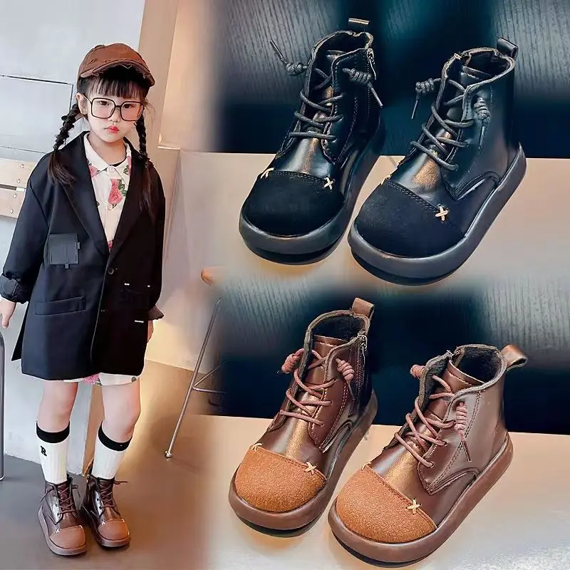 

Осенне-зимние Новые короткие ботинки для девочек с бархатной подкладкой в стиле ретро детские хлопковые ботинки 2023 повседневная обувь с высоким верхом для девочек