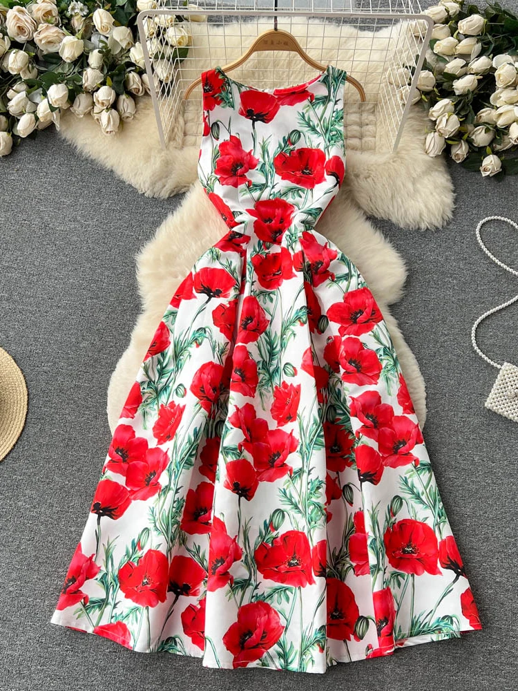 

Summer Evening Party Dress Women Elegant Slim A-line Floral Printed Dresses Ladies Sleeveless Vintage Long Robe Vestidos
