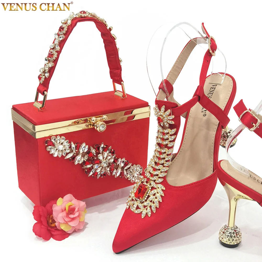 Venus Chan 2023 Italian Design Girly Style Pointed Toe Wedding Shoes And Bag, Full Diamond Decoration Metal Closure Bag
