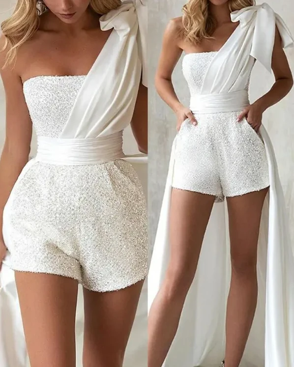 Elegant Woman Jumpsuits Sexy Sleeveless Sequin Romper 2022 Summer New Shoulder Cover Up Playsuit Female Solid Loose Romper Girls