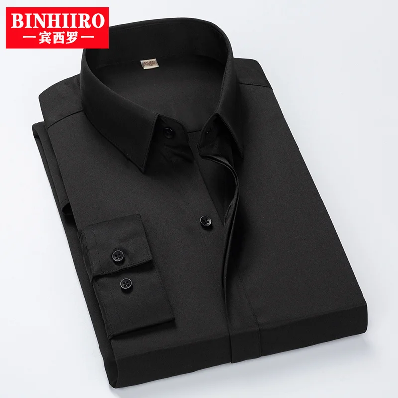 

Мужская классическая рубашка BINHIIRO, белая или черная однотонная Классическая деловая рубашка с длинными рукавами для работы и офиса, 2019