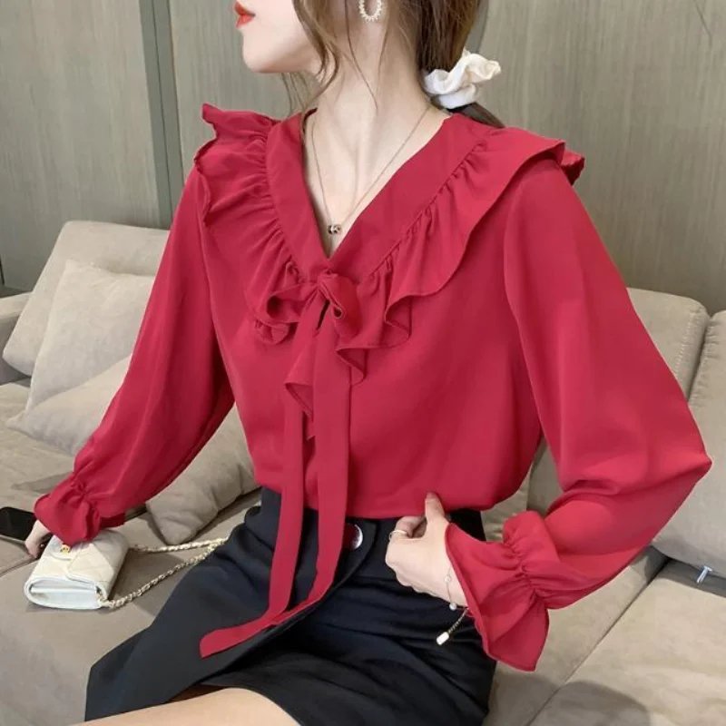 

Sweet Chiffon Pleated Shirt Tops Spring Autumn New Long Sleeve V Neck Bow Solid Color Blouse 90s Fashion Casual Women Clothing