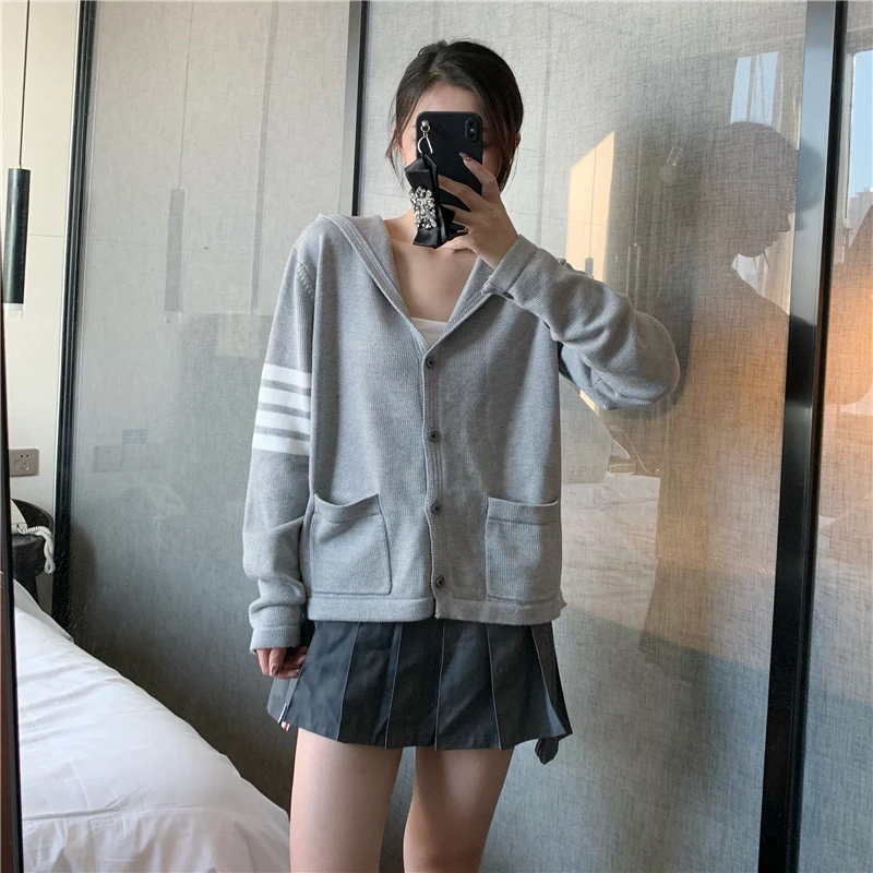 Tb Knitted Cardigan Women's Gray Coat Hooded Top Spring and Autumn Korean Style Foreign Air Age Reducing Ins Wool Coat