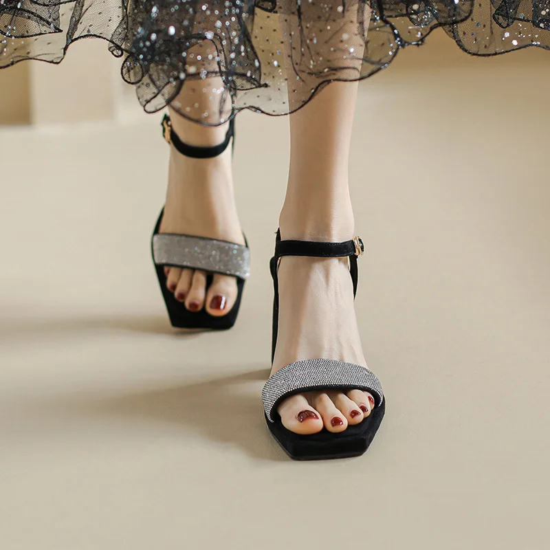 

Real 2022 Sandals Leather Peep Toe Ladies Crystals Super High Heel 8.5 CM Daily Outwear Summer Shoes For Women