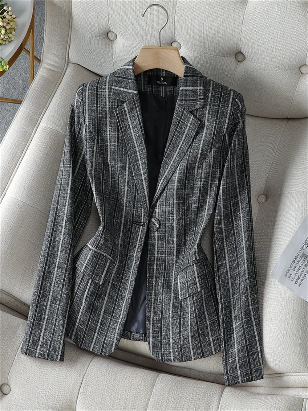 Women Jacket Black Gray Stripe Long Sleeve One Button Slim Coat Female Business Work Wear Blazer