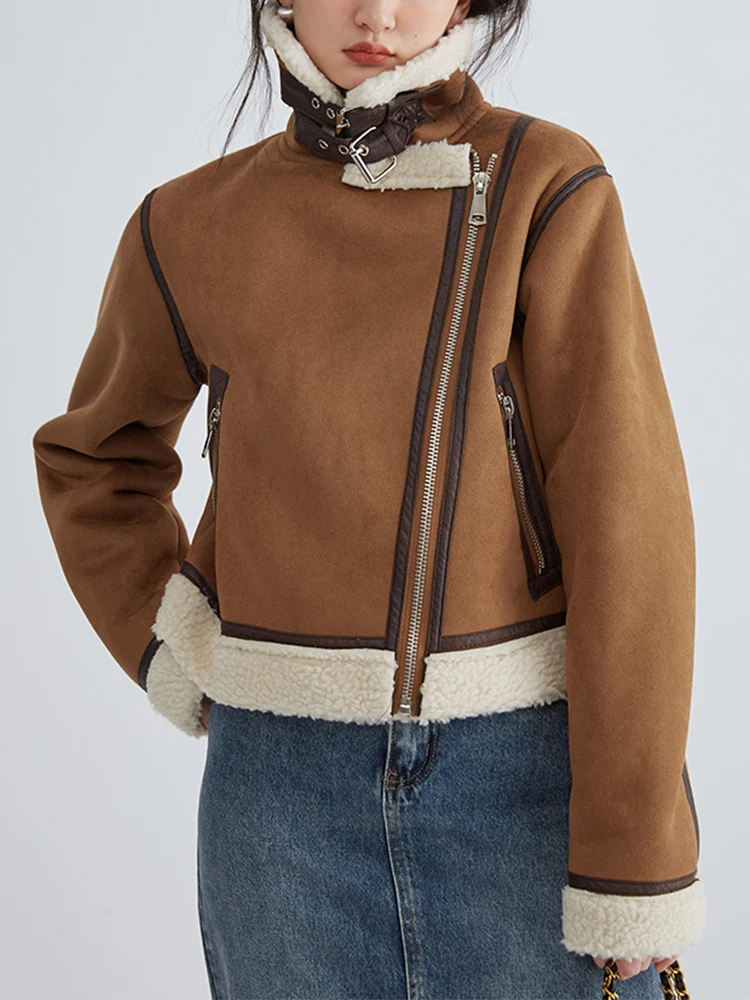 

Fitaylor/новое осенне-зимнее байкерское толстое теплое короткое пальто для женщин; Уличная куртка с отворотом из искусственной овечьей кожи; Модная верхняя одежда