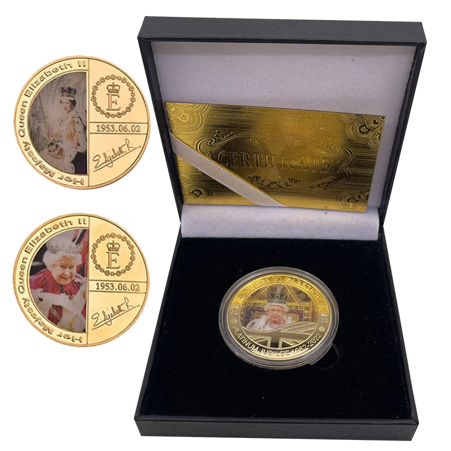 

Dropshipping Her Majesty The Queen Elizabeth II Gold Plated Commemorative Coin With Box Prince Philip Collectible Challenge Coin