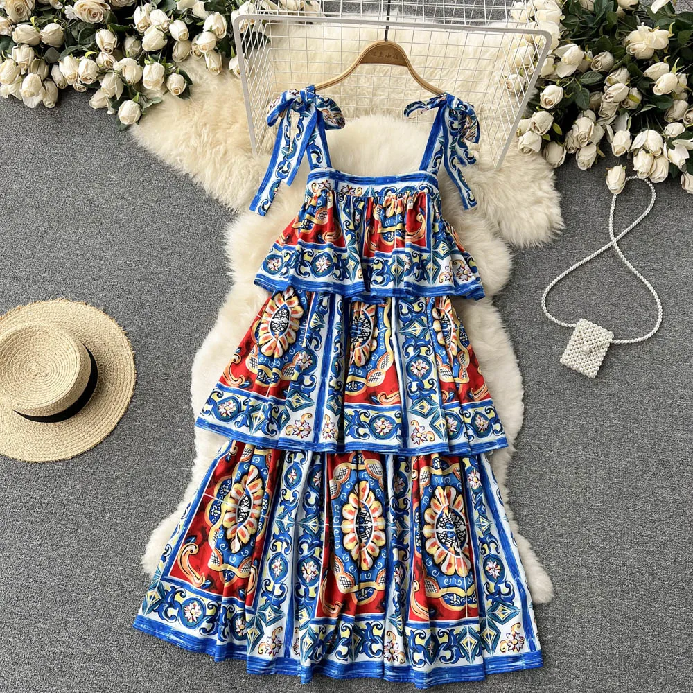

2022 Spring New Print Square Neck Suspender Dresss Loose Cover Belly Thin Multi-layer Cake Dress Sweet Dress