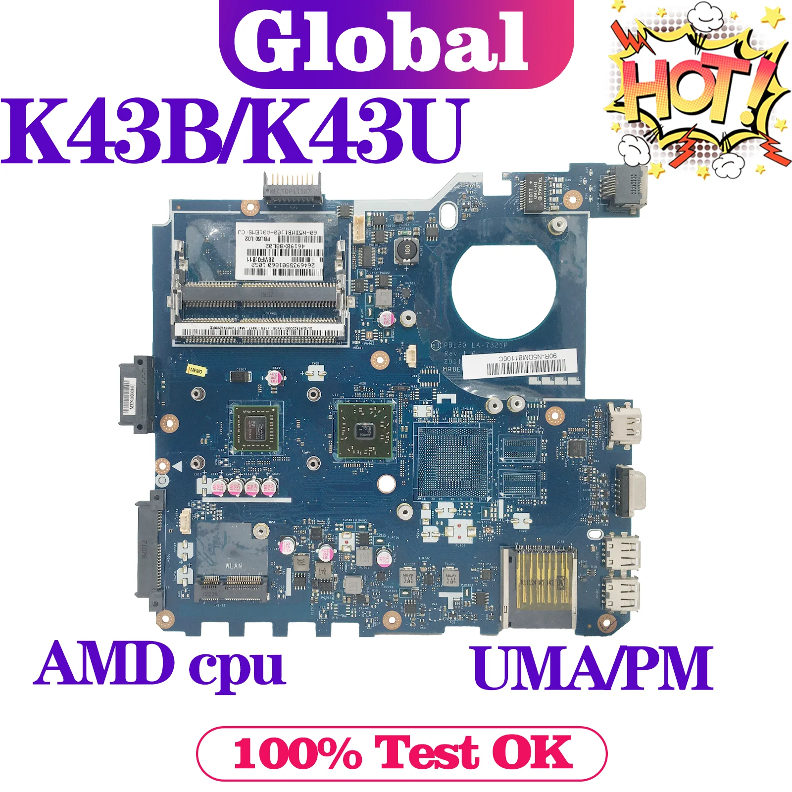 Детская материнская плата для ноутбука X43U K43U X43B K43BY K43BR X43BR K43B LA-7321P CPU UMA/PM DDR3