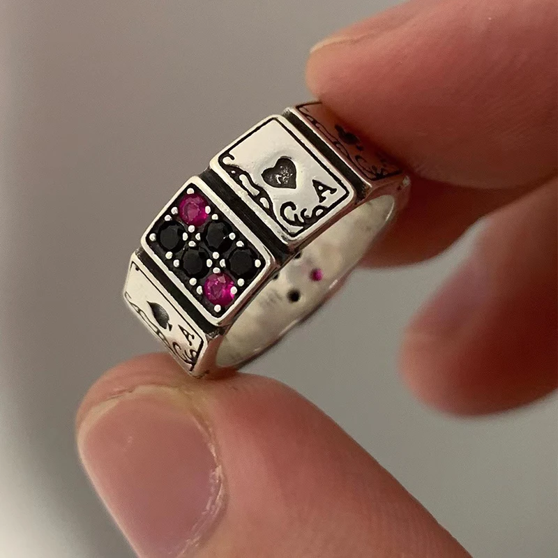 

Unique Poker Design Ring Silver Color Zircon Ring for Women and Man Sweethearts Party Anniversary Jewelry