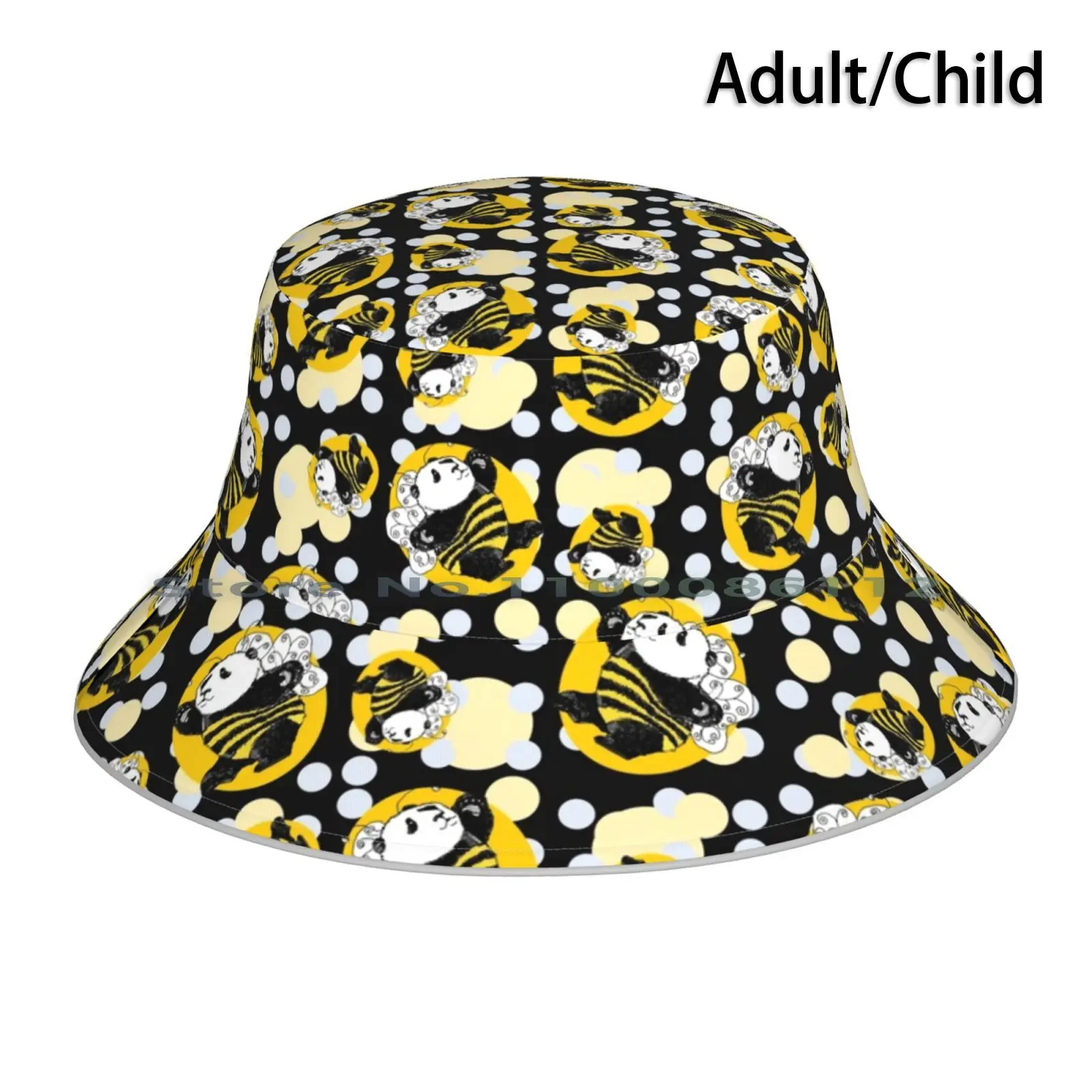 

Bee The Bear Is Popping With Polkadots Bucket Hat Sun Cap Bee Panda Polka Dots Animals Checkerboard Fun Yellow Brimless Knitted