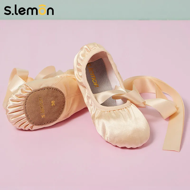Фото Женские атласные балетки S.lemon с ленточными завязками, цвет пыльная роза, профессиональные танцевальные туфли №1