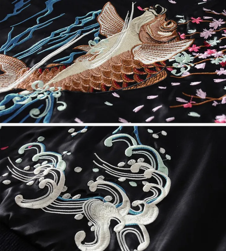 Куртка с вышивкой карпа в стиле Харадзюку унисекс свободная бейсбольная