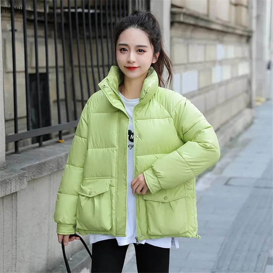 

Женская утепленная куртка на хлопковом наполнителе, повседневная Короткая свободная блестящая пушистая куртка в Корейском стиле, элегантная верхняя одежда, зима 2023
