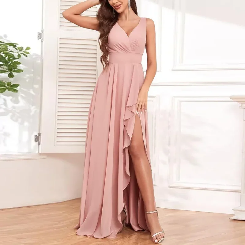 Casual Women V Neck Bridesmaid Dresses 2024 New Fashion Slit Long Ruffle Formal Evening Dress Wedding Party Gowns Chiffon