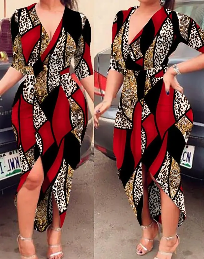 

Women's Dress Leopard Print Slit Midi Dresses for Women Sexy V-Neck Short Sleeved Baroque Skinny Dresses Female Elegant Outfits