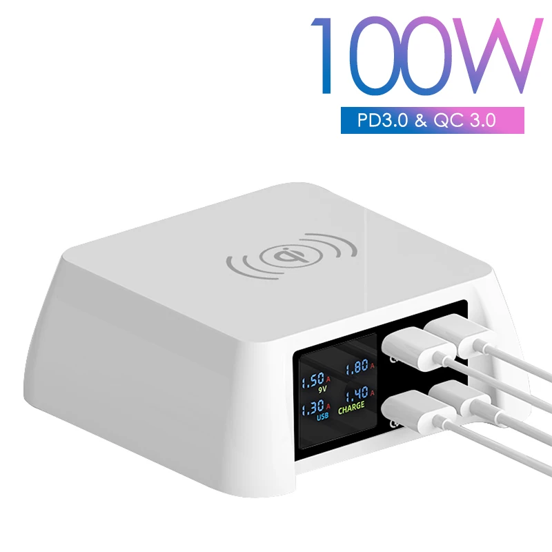 

Зарядное устройство USB 100 Вт, быстрое зарядное устройство QC3.0, беспроводное зарядное устройство, концентратор, адаптер питания для iPhone 13, 12, 11,...