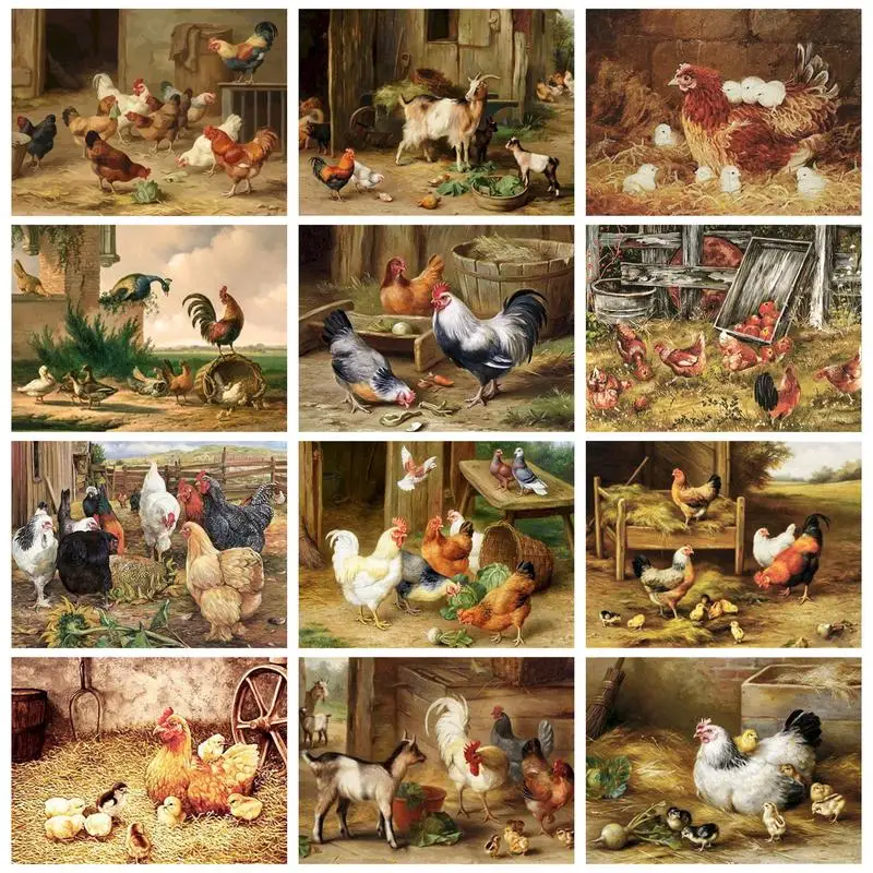 

PhotoCustom Painting By Numbers The Rooster Family With Frame Animal Picture Numbers Handpainted Unique Gift Home Decor