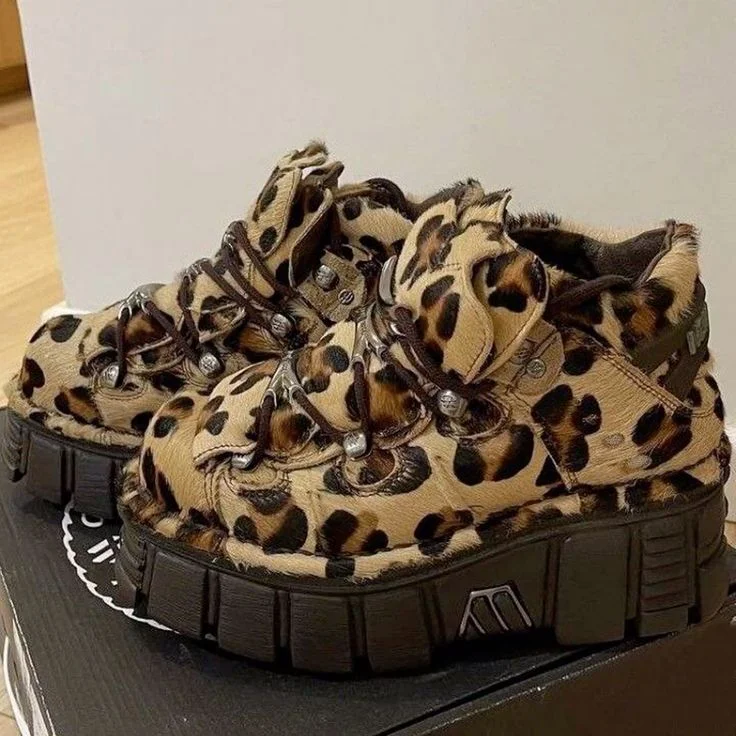 Platform Leopard Print Lace Up Shoes 2024 New Casual Punk Round Toe Fashion Women 35-45 Short Boot