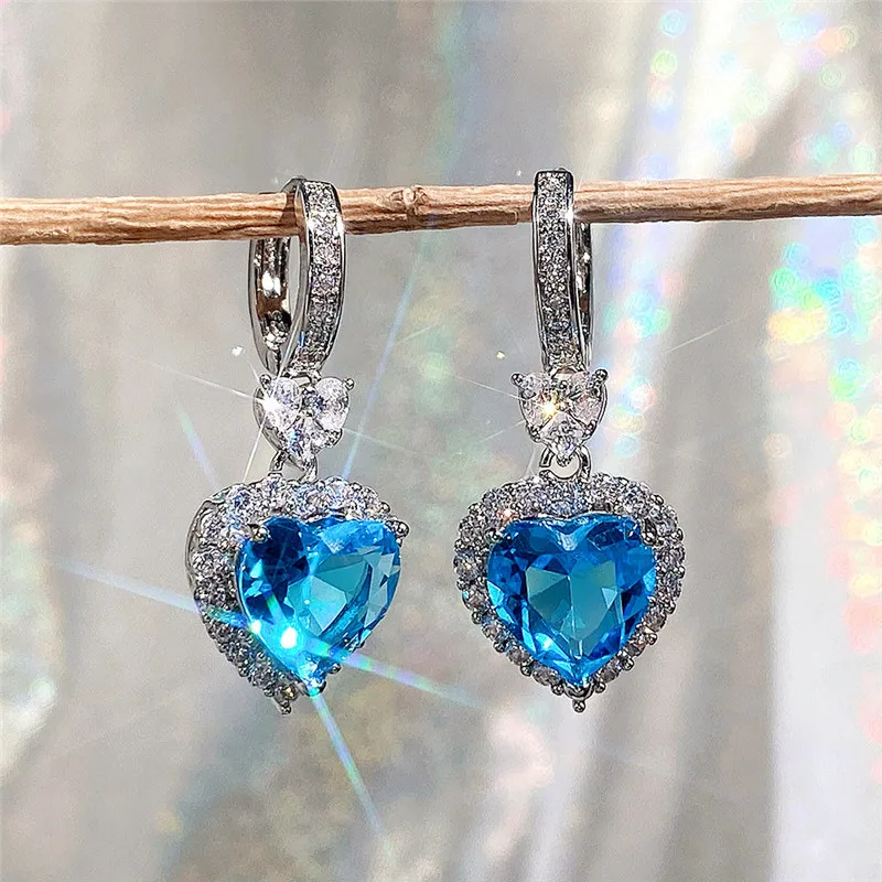 

New Blue/Garnet Heart Cubic Zirconia Wedding Earrings for Women Eternity Love Earrings Engagement Accessories Fashion Jewelry