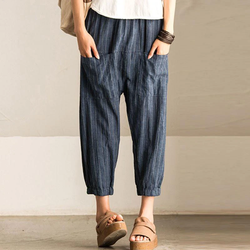 

Women Pockets High Waist Striped Baggy Harem Pants 2021 Casual Vintage Elastic Waist Turnip Trousers Female Wide Leg Pantalon