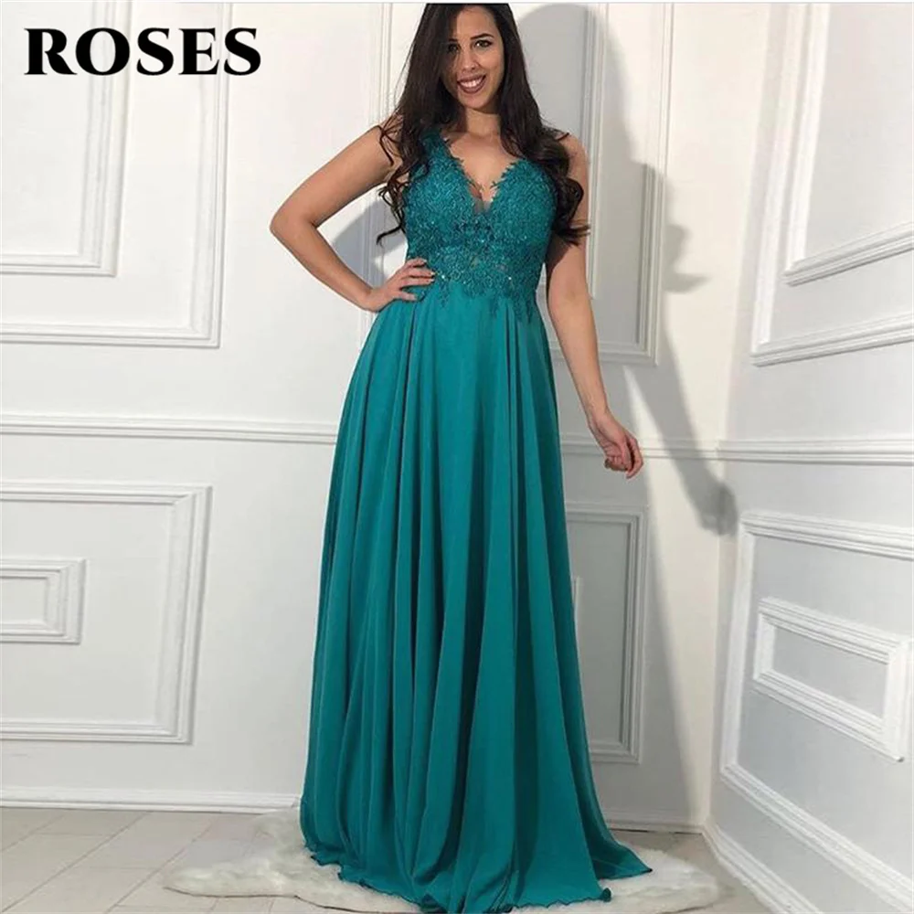 

Event Turquoise V-neck Evening Dress Sleeveless Long Prom Appliques A-line Women Formal Party Gowns Robe De Soiree Plus Size
