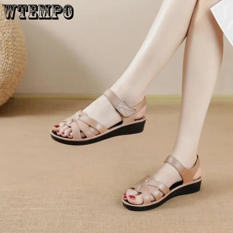 WTEMPO Summer Mother Leather Sandals Large Size Soft Soled Style Woman Sandals Casual Comfortable Grandmother Flat Sandals
