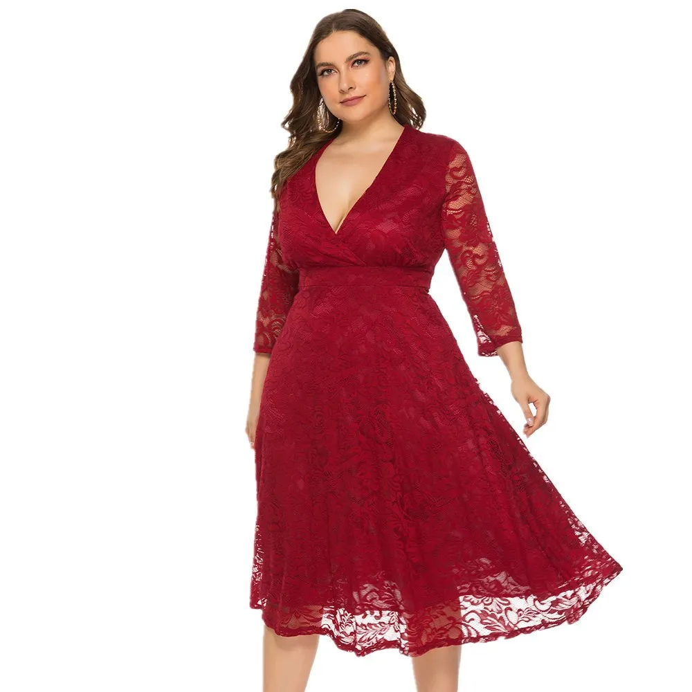 

Lace Dress Plus Size Solid Color V Neck Sexy Evening Dress Swing Midi Skirt Cutout Red Party Dresses Spring Summer 2022 New