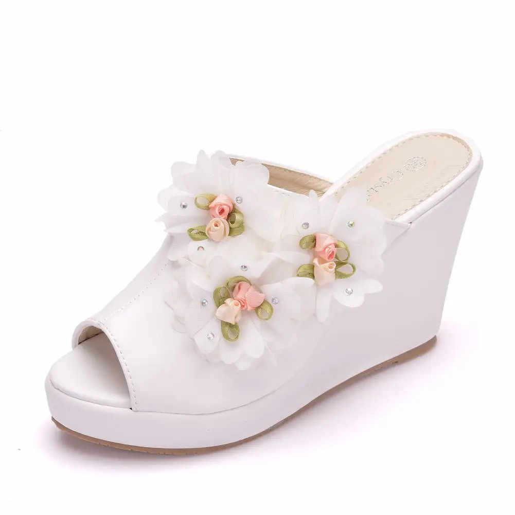

Crystal Queen White Lace Flower Peep Toe Platform Wedges High Heels Slippers Beach Sandals Women Shoes