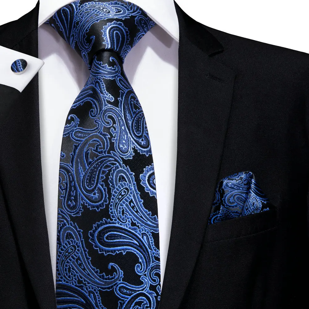 

Hi-Tie Designer Navy Blue Paisley Silk Wedding Tie For Men Handky Cufflink Gift Mens Necktie Fashion Business Party Dropshiping