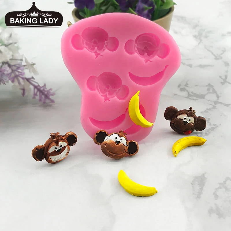 

Cute little animal monkey head banana cake mold DIY silicone fondant baking tool hanging ice tray Cupcake DIY mold