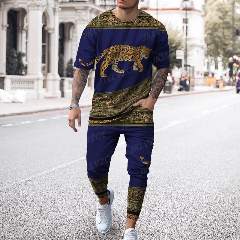 New Boutique Leopard Print Men’s Trousers Tracksuit 2 Piece Set Streetwear Short Sleeve T Shirt+Long Pants Clothes Male Clothing